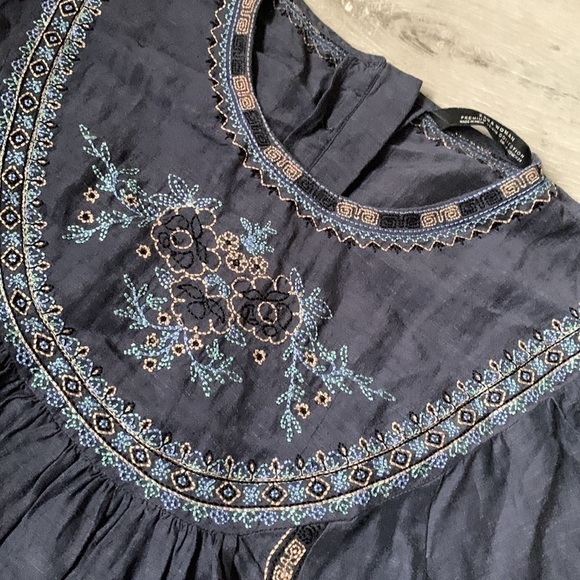 Zara‎ Denim Peasant Embroidered Floral Linen Blend Top Blouse Size Xs - Picture 9 of 14